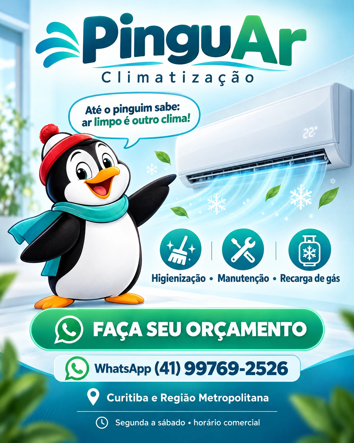Cartaz da PinguAr Climatização com mascote pinguim, serviços de ar-condicionado e telefone para contato